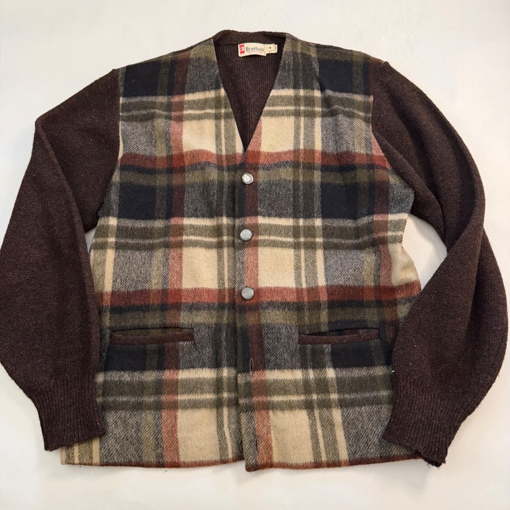 Bradfield Vintage Mens Plaid‎ Wool Cardigan Sweater Brown Green Old Money Core M